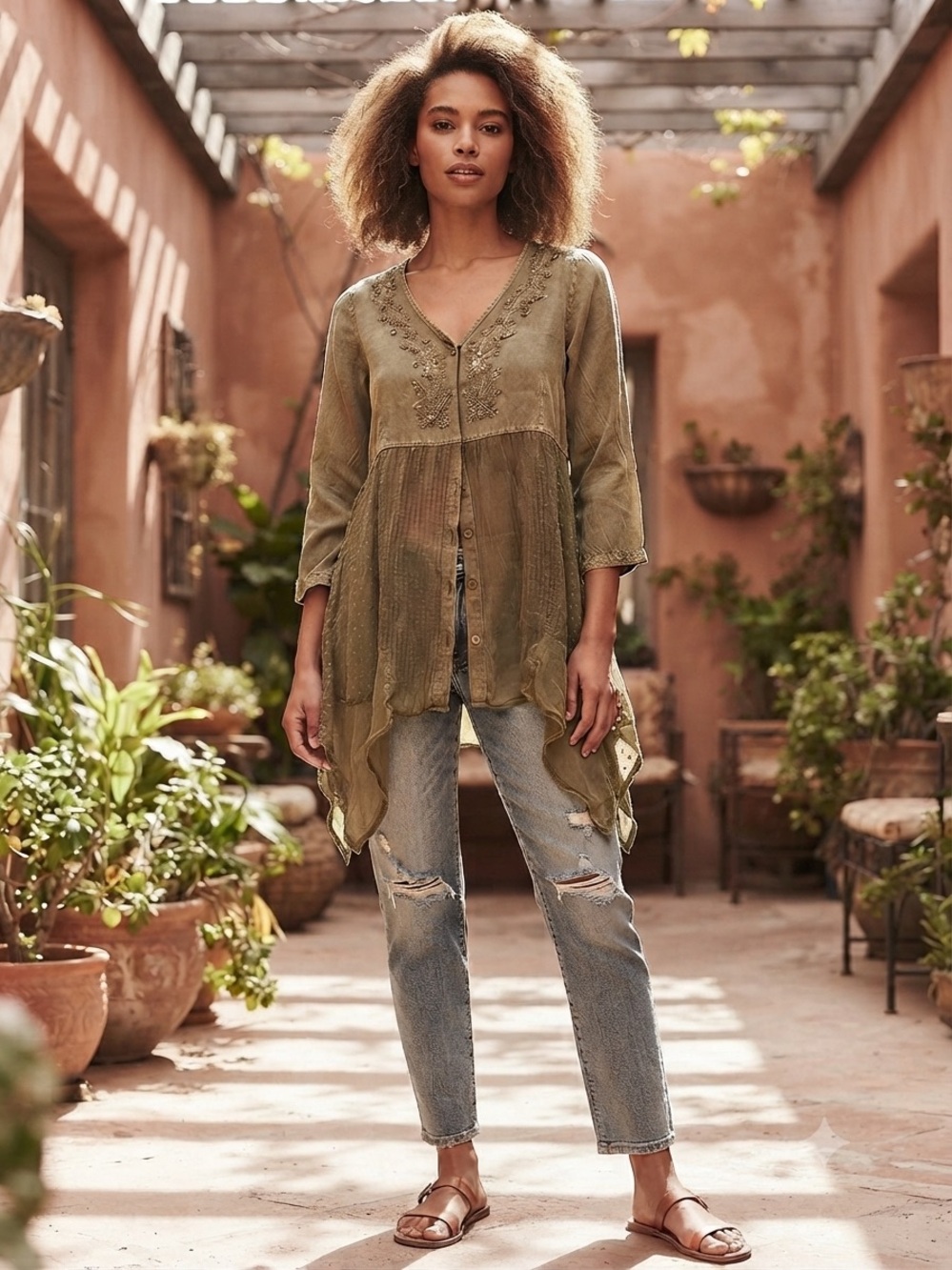 NWT Young Threads Olive Green Boho Embroidered Tunic Shirt Medium